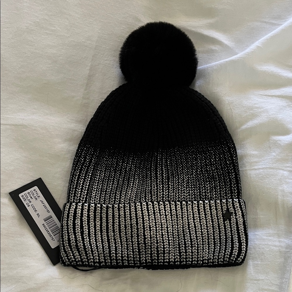 Jocelyn Black and Silver Metallic Ombre Knit Beanie with Pom-Pom